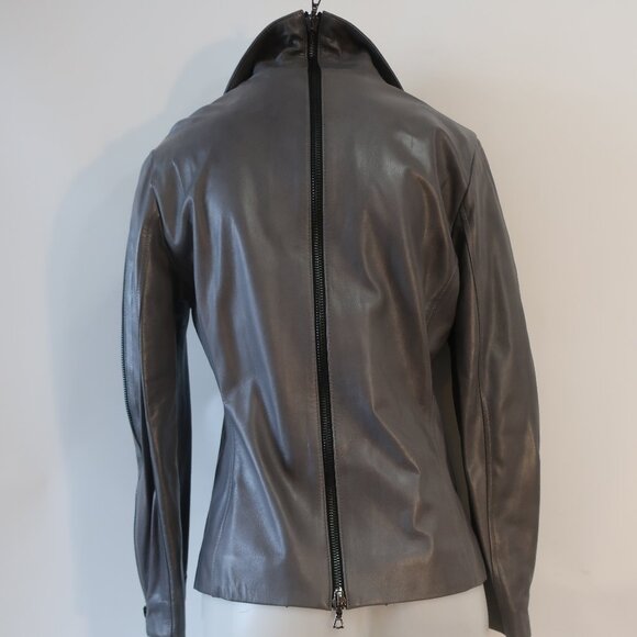 Womens Shari's Place Gray Black Zipper Motif Leather Jacket 8 - Picture 10 of 16